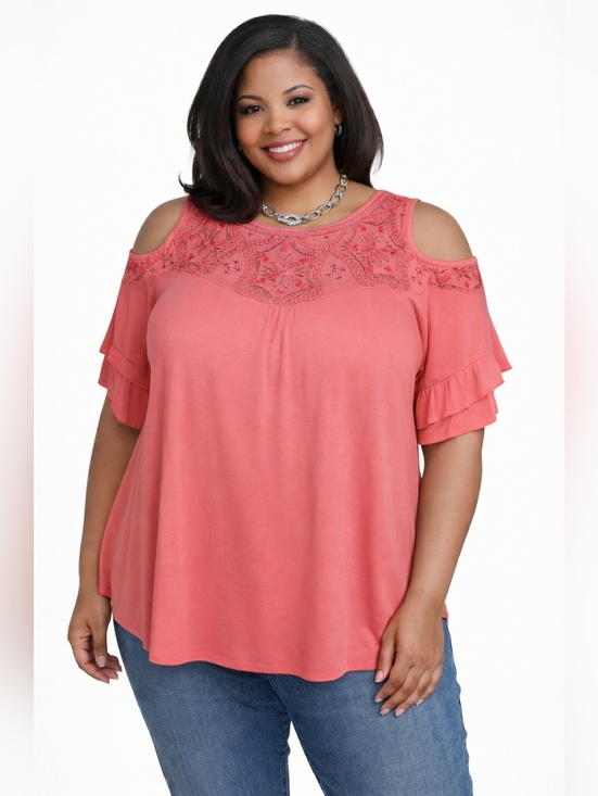 Democracy Tops - Democracy Embroidered Cold Shoulder Blouse, Women's Plus Size 1X